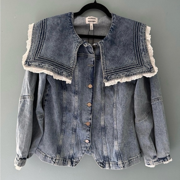 Barrel Sleeve Denim Jacket with Lace Trim - Picture 3 of 6